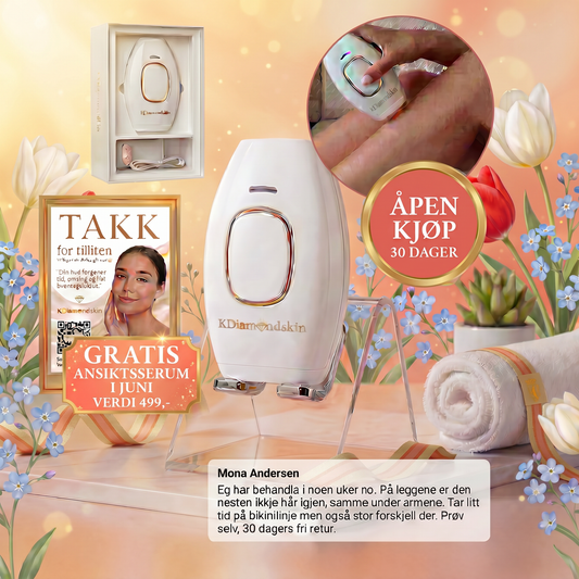 Lei av raskt hårvekst og dyre salong besøk? Få med gratis sommergaver - Ansitksserum + Mist Sprayer.              "KDiamondskin SilkX IPL Laser"